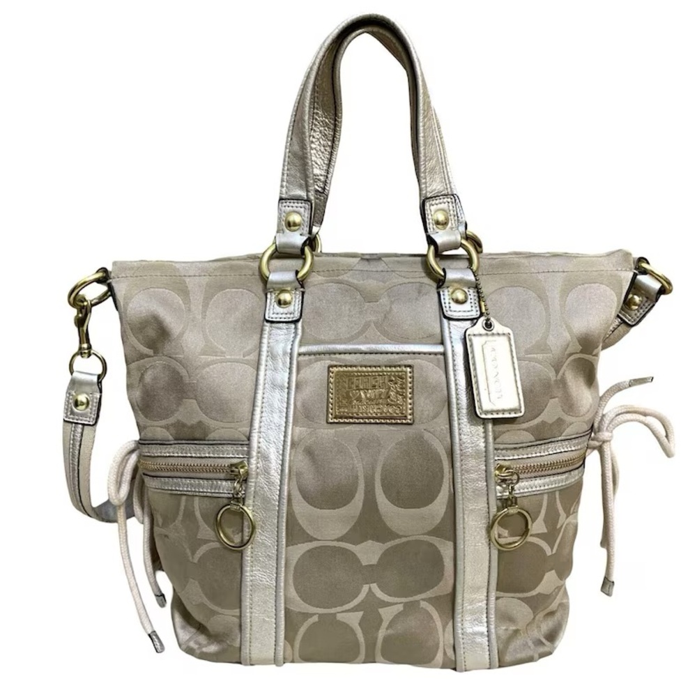 COACH POPPY Light Khaki & Gold Sateen Signature SPOTLIGHT Drawstring Tote